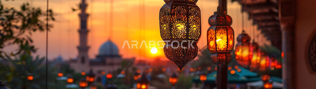  ديكورات وزينة رمضان المبارك, الفوانيس المعدنية التقليدية المزخرفة المعلقة في الأجواء الروحانية، الاحتفال بالمناسبات والأعياد الدينية، البهجة بقدوم شهر الخير، المصابيح المضيئة أثناء غروب الشمس, خلفية المساجد الاسلامية