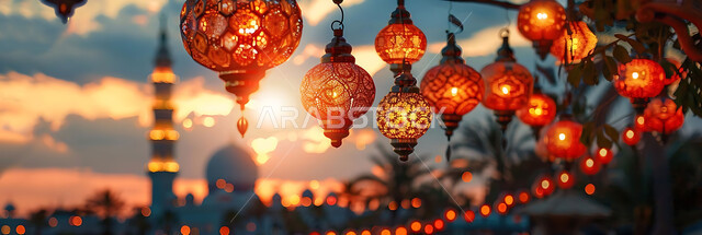 Decorations and decorations for the holy month of Ramadan, traditional ornate metal lanterns hanging in the spiritual atmosphere, celebration of religious occasions and holidays, joy at the arrival of the month of goodness, illuminated lamps during sunset, background of Islamic mosques
