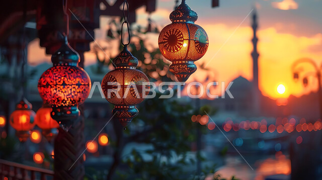  ديكورات وزينة رمضان المبارك, الفوانيس المعدنية التقليدية المزخرفة المعلقة في الأجواء الروحانية، الاحتفال بالمناسبات والأعياد الدينية، البهجة بقدوم شهر الخير، المصابيح المضيئة أثناء غروب الشمس, خلفية المساجد الاسلامية
