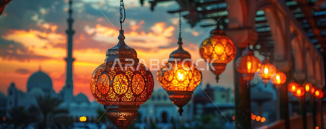 المناسبات والأعياد السعيدة في المملكة العربية السعودية, احتفال المسلمين بقدوم شهر الخير, زينة وأكسسورات وتحف معدنية معلقة ومضيئة, أجواء روحانية دينية, صورة ظلية للمصابيح المتوهجة أثناء غروب الشمس, خلفية المساجد الاسلامية، سيلوليت