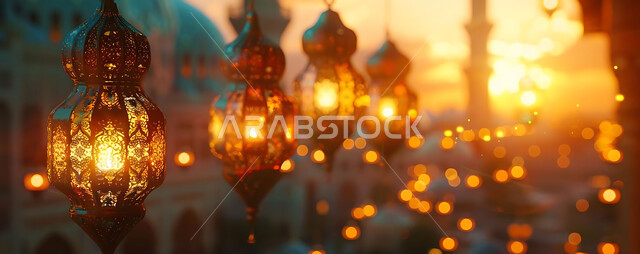 المناسبات والأعياد السعيدة في المملكة العربية السعودية, احتفال المسلمين بقدوم شهر الخير, زينة وأكسسورات وتحف معدنية معلقة ومضيئة, أجواء روحانية دينية, صورة ظلية للمصابيح المتوهجة أثناء غروب الشمس, خلفية المساجد الاسلامية، سيلوليت