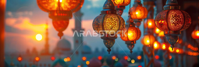 المناسبات والأعياد السعيدة في المملكة العربية السعودية, احتفال المسلمين بقدوم شهر الخير, زينة وأكسسورات وتحف معدنية معلقة ومضيئة, أجواء روحانية دينية, صورة ظلية للمصابيح المتوهجة أثناء غروب الشمس, خلفية المساجد الاسلامية، سيلوليت