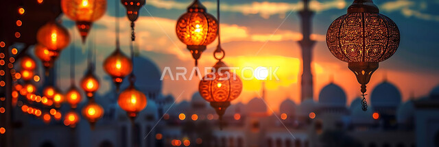 المناسبات والأعياد السعيدة في المملكة العربية السعودية, احتفال المسلمين بقدوم شهر الخير, زينة وأكسسورات وتحف معدنية معلقة ومضيئة, أجواء روحانية دينية, صورة ظلية للمصابيح المتوهجة أثناء غروب الشمس, خلفية المساجد الاسلامية، سيلوليت