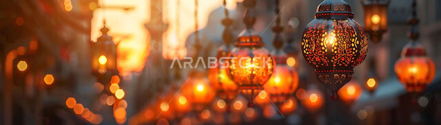 المناسبات والأعياد السعيدة في المملكة العربية السعودية, احتفال المسلمين بقدوم شهر الخير, زينة وأكسسورات وتحف معدنية معلقة ومضيئة, أجواء روحانية دينية, صورة ظلية للمصابيح المتوهجة أثناء غروب الشمس, خلفية المساجد الاسلامية، سيلوليت