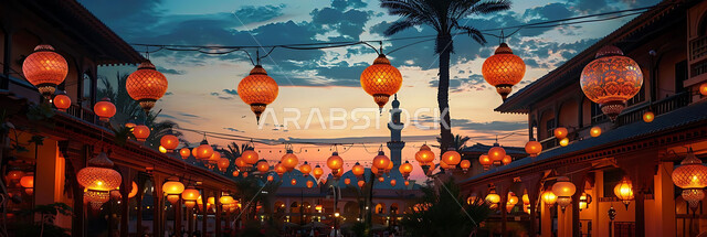 المناسبات والأعياد السعيدة في المملكة العربية السعودية, احتفال المسلمين بقدوم شهر الخير, زينة وأكسسورات وتحف معدنية معلقة ومضيئة, أجواء روحانية دينية, صورة ظلية للمصابيح المتوهجة أثناء غروب الشمس, خلفية المساجد الاسلامية، سيلوليت