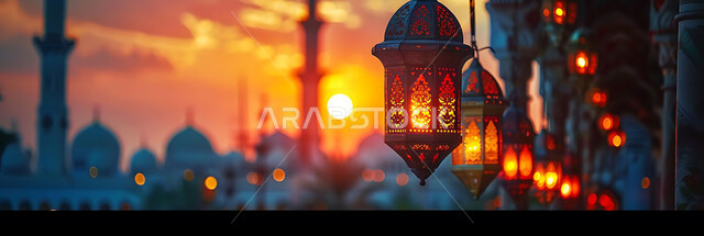 المناسبات والأعياد السعيدة في المملكة العربية السعودية, احتفال المسلمين بقدوم شهر الخير, زينة وأكسسورات وتحف معدنية معلقة ومضيئة, أجواء روحانية دينية, صورة ظلية للمصابيح المتوهجة أثناء غروب الشمس, خلفية المساجد الاسلامية، سيلوليت