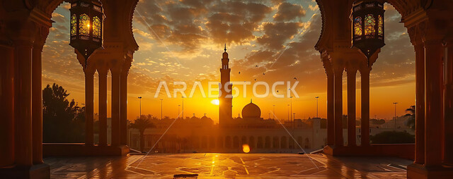 المناسبات والأعياد السعيدة في المملكة العربية السعودية, احتفال المسلمين بقدوم شهر الخير, زينة وأكسسورات وتحف معدنية معلقة ومضيئة, أجواء روحانية دينية, صورة ظلية للمصابيح المتوهجة أثناء غروب الشمس, خلفية المساجد الاسلامية، سيلوليت