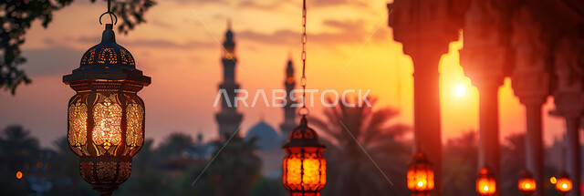 المناسبات والأعياد السعيدة في المملكة العربية السعودية, احتفال المسلمين بقدوم شهر الخير, زينة وأكسسورات وتحف معدنية معلقة ومضيئة, أجواء روحانية دينية, صورة ظلية للمصابيح المتوهجة أثناء غروب الشمس, خلفية المساجد الاسلامية، سيلوليت