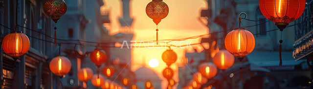 المناسبات والأعياد السعيدة في المملكة العربية السعودية, احتفال المسلمين بقدوم شهر الخير, زينة وأكسسورات وتحف معدنية معلقة ومضيئة, أجواء روحانية دينية, صورة ظلية للمصابيح المتوهجة أثناء غروب الشمس, خلفية المساجد الاسلامية، سيلوليت