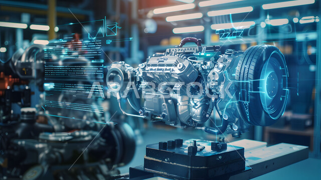 الانطلاق نحو الأفق، التصاميم والمخططات الهندسية لمشاريع المستقبل, مفهوم صناعة السيارات المتطورة, رؤية مستقبلية سعودية 2030, التقدم و التطور التقني والتكنولوجي, رسوم بيانية هولوجرامية ثلاثية الابعاد للنموذج الأولي لمحرك السيارة