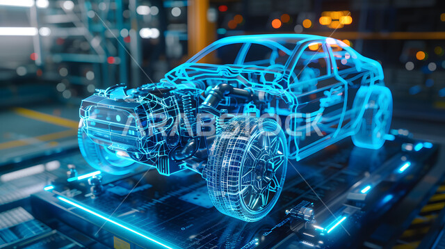 رسومات بيانية هولوجرامية ثلاثية الابعاد للنموذج الأولي لهيكل السيارة، التكنولوجيا والتقنيات الحديثة, صناعة وابتكار السيارات المتطورة, التصاميم و المشاريع الهندسية لمخططات المستقبل, الانطلاق نحو الأفق، رؤية مستقبلية سعودية 2030