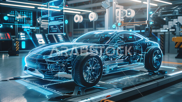 التكنولوجيا والتقنيات الحديثة, صناعة وابتكار السيارات المتطورة, التصاميم و المشاريع الهندسية لمخططات المستقبل, الانطلاق نحو الأفق، رؤية مستقبلية سعودية 2030, رسومات بيانية هولوجرامية ثلاثية الابعاد للنموذج الأولي لهيكل السيارة