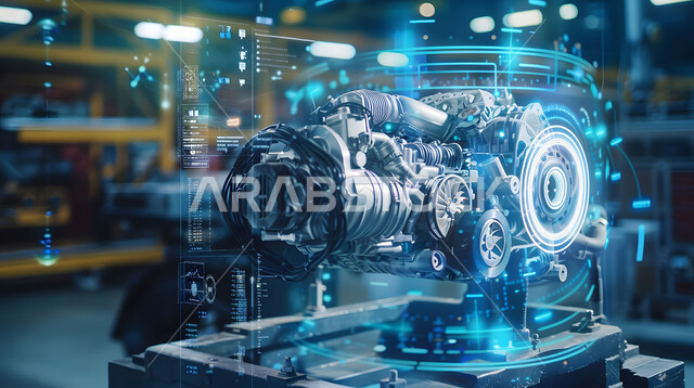 التصاميم والمخططات الهندسية لمشاريع المستقبل, مفهوم صناعة السيارات المتطورة, رؤية مستقبلية سعودية 2030, التقدم و التطور التقني والتكنولوجي, رسوم بيانية هولوجرامية ثلاثية الابعاد للنموذج الأولي لمحرك السيارة, الانطلاق نحو الأفق