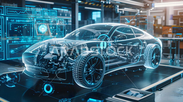Manufacture and innovation of advanced cars, designs and engineering projects for future plans, moving towards the horizon, Saudi future vision 2030, modern technologies and technology, 3D holographic graphics for the prototype of the car’s body