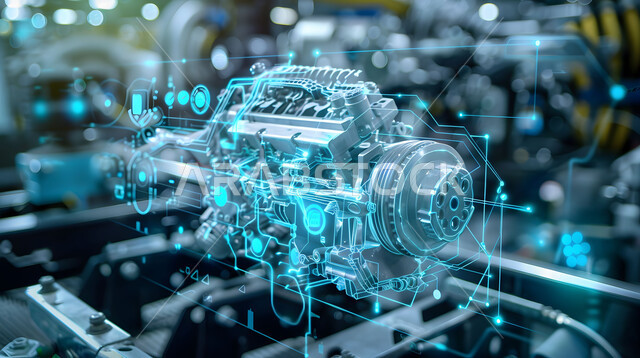 المخططات والتصاميم الهندسية لمشاريع المستقبل, مفهوم صناعة السيارات المتطورة, رؤية مستقبلية سعودية 2030, التقدم و التطور التقني والتكنولوجي, رسوم بيانية هولوجرامية ثلاثية الابعاد للنموذج الأولي لمحرك السيارة, الانطلاق نحو الأفق