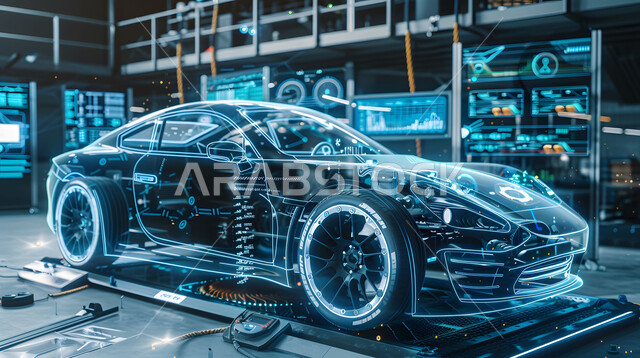 المشاريع والتصاميم الهندسية لمخططات المستقبل, الانطلاق نحو الأفق، ابتكار وصناعة السيارات المتطورة, رؤية مستقبلية سعودية 2030, التقنيات والتكنولوجيا الحديثة, رسومات بيانية هولوجرامية ثلاثية الابعاد للنموذج الأولي لهيكل السيارة