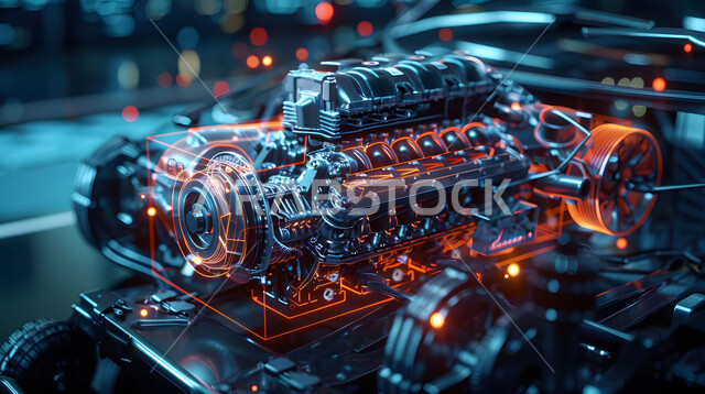 رؤية مستقبلية سعودية 2030, التقدم و التطور التقني والتكنولوجي, رسوم بيانية هولوجرامية ثلاثية الابعاد للنموذج الأولي لمحرك السيارة, مفهوم صناعة السيارات المتطورة, المخططات والتصاميم الهندسية لمشاريع المستقبل, الانطلاق نحو الأفق