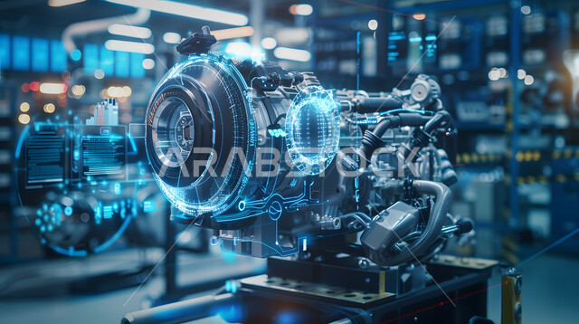 التطور و التقدم التقني والتكنولوجي, رسوم بيانية هولوجرامية ثلاثية الابعاد للنموذج الأولي لمحرك السيارة, رؤية مستقبلية سعودية 2030, مفهوم صناعة السيارات المتطورة, المخططات والتصاميم الهندسية لمشاريع المستقبل, الانطلاق نحو الأفق