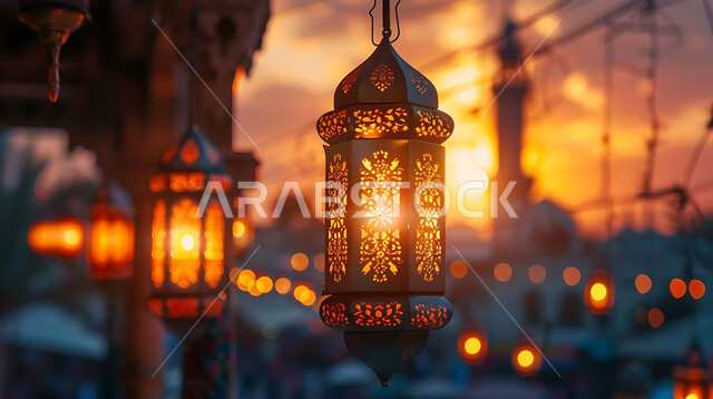 أنوار وزينة الأعياد والمناسبات الدينية, اكسسوارات وتحف شهر رمضان المبارك, صورة ظلية للتصاميم الهندسية المزخرفة والفوانيس المعدنية المتوهجة للاحتفال بالأجواء الرمضانية الروحانية, خلفية المساجد الاسلامية أثناء غروب الشمس, سالويت