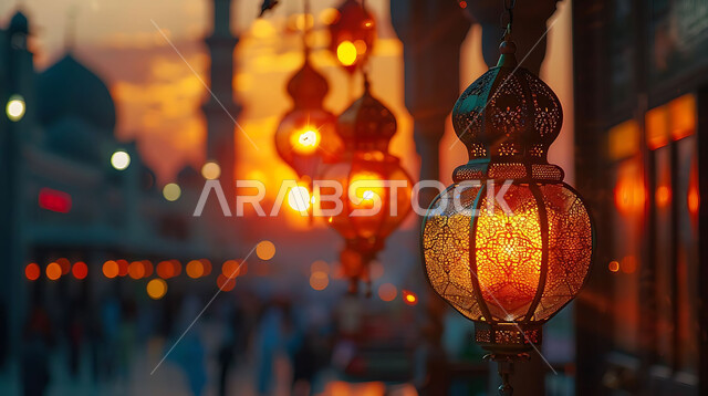 أنوار وزينة الأعياد والمناسبات الدينية, اكسسوارات وتحف شهر رمضان المبارك, صورة ظلية للتصاميم الهندسية المزخرفة والفوانيس المعدنية المتوهجة للاحتفال بالأجواء الرمضانية الروحانية, خلفية المساجد الاسلامية أثناء غروب الشمس, سالويت