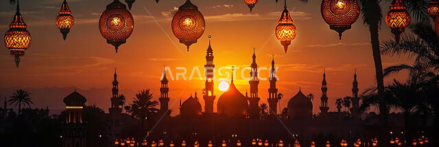 أنوار وزينة الأعياد والمناسبات الدينية, اكسسوارات وتحف شهر رمضان المبارك, صورة ظلية للتصاميم الهندسية المزخرفة والفوانيس المعدنية المتوهجة للاحتفال بالأجواء الرمضانية الروحانية, خلفية المساجد الاسلامية أثناء غروب الشمس, سالويت