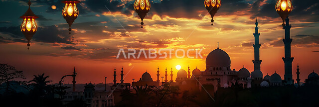 أنوار وزينة الأعياد والمناسبات الدينية, اكسسوارات وتحف شهر رمضان المبارك, صورة ظلية للتصاميم الهندسية المزخرفة والفوانيس المعدنية المتوهجة للاحتفال بالأجواء الرمضانية الروحانية, خلفية المساجد الاسلامية أثناء غروب الشمس, سالويت