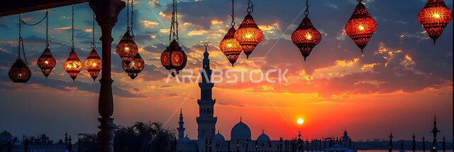 أنوار وزينة الأعياد والمناسبات الدينية, اكسسوارات وتحف شهر رمضان المبارك, صورة ظلية للتصاميم الهندسية المزخرفة والفوانيس المعدنية المتوهجة للاحتفال بالأجواء الرمضانية الروحانية, خلفية المساجد الاسلامية أثناء غروب الشمس, سالويت