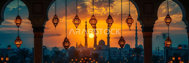 أنوار وزينة الأعياد والمناسبات الدينية, اكسسوارات وتحف شهر رمضان المبارك, صورة ظلية للتصاميم الهندسية المزخرفة والفوانيس المعدنية المتوهجة للاحتفال بالأجواء الرمضانية الروحانية, خلفية المساجد الاسلامية أثناء غروب الشمس, سالويت