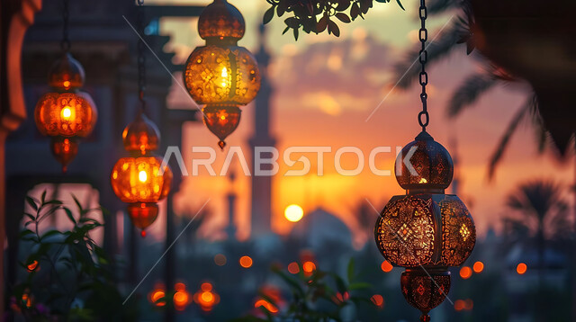 أنوار وزينة الأعياد والمناسبات الدينية, اكسسوارات وتحف شهر رمضان المبارك, صورة ظلية للتصاميم الهندسية المزخرفة والفوانيس المعدنية المتوهجة للاحتفال بالأجواء الرمضانية الروحانية, خلفية المساجد الاسلامية أثناء غروب الشمس, سالويت