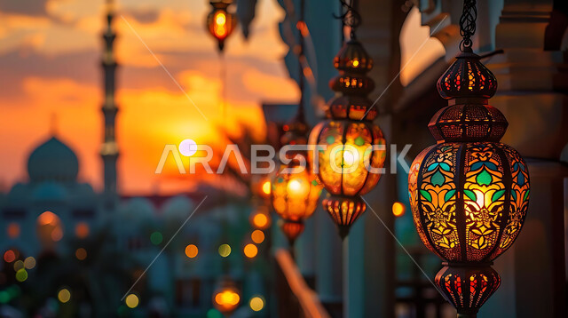 أنوار وزينة الأعياد والمناسبات الدينية, اكسسوارات وتحف شهر رمضان المبارك, صورة ظلية للتصاميم الهندسية المزخرفة والفوانيس المعدنية المتوهجة للاحتفال بالأجواء الرمضانية الروحانية, خلفية المساجد الاسلامية أثناء غروب الشمس, سالويت