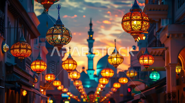 أنوار وزينة الأعياد والمناسبات الدينية, اكسسوارات وتحف شهر رمضان المبارك, صورة ظلية للتصاميم الهندسية المزخرفة والفوانيس المعدنية المتوهجة للاحتفال بالأجواء الرمضانية الروحانية, خلفية المساجد الاسلامية أثناء غروب الشمس, سالويت