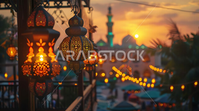 Lights and decorations for holidays and religious occasions, accessories and antiques for the holy month of Ramadan, silhouettes of ornate geometric designs and glowing metal lanterns to celebrate the spiritual atmosphere of Ramadan, background of Islamic mosques during sunset, silhouette