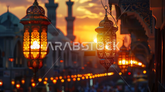 Lights and decorations for holidays and religious occasions, accessories and antiques for the holy month of Ramadan, silhouettes of ornate geometric designs and glowing metal lanterns to celebrate the spiritual atmosphere of Ramadan, background of Islamic mosques during sunset, silhouette