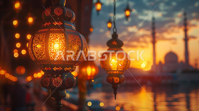 Lights and decorations for holidays and religious occasions, accessories and antiques for the holy month of Ramadan, silhouettes of ornate geometric designs and glowing metal lanterns to celebrate the spiritual atmosphere of Ramadan, background of Islamic mosques during sunset, silhouette