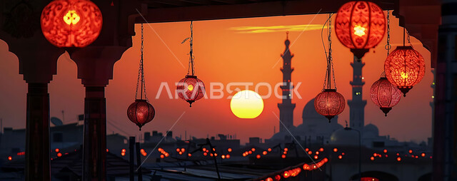 أنوار وزينة الأعياد والمناسبات الدينية, اكسسوارات وتحف شهر رمضان المبارك, صورة ظلية للتصاميم الهندسية المزخرفة والفوانيس المعدنية المتوهجة للاحتفال بالأجواء الرمضانية الروحانية, خلفية المساجد الاسلامية أثناء غروب الشمس, سالويت