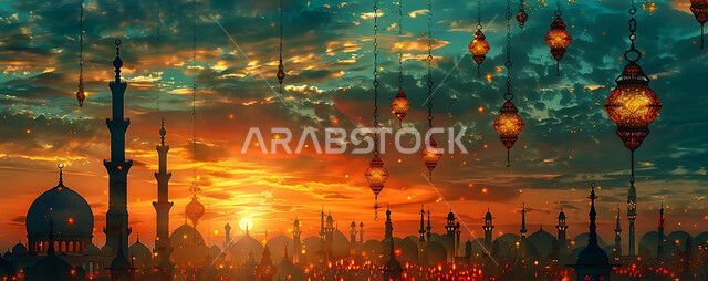 أنوار وزينة الأعياد والمناسبات الدينية, اكسسوارات وتحف شهر رمضان المبارك, صورة ظلية للتصاميم الهندسية المزخرفة والفوانيس المعدنية المتوهجة للاحتفال بالأجواء الرمضانية الروحانية, خلفية المساجد الاسلامية أثناء غروب الشمس, سالويت