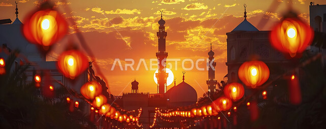 أنوار وزينة الأعياد والمناسبات الدينية, اكسسوارات وتحف شهر رمضان المبارك, صورة ظلية للتصاميم الهندسية المزخرفة والفوانيس المعدنية المتوهجة للاحتفال بالأجواء الرمضانية الروحانية, خلفية المساجد الاسلامية أثناء غروب الشمس, سالويت