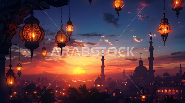 Lights and decorations for holidays and religious occasions, accessories and antiques for the holy month of Ramadan, silhouettes of ornate geometric designs and glowing metal lanterns to celebrate the spiritual atmosphere of Ramadan, background of Islamic mosques during sunset, silhouette