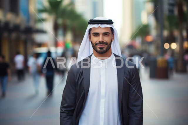 الوقوف بثقة والنظر إلى الكاميرا ما بإيماءات السرور، مفهوم الأناقة والاهتمام بالمظهر الخارجي, صورة مقربة لرجل أعمال عربي خليجي سعودي يرتدي الثوب التقليدي يقف في إحدى شوارع المملكة العربية