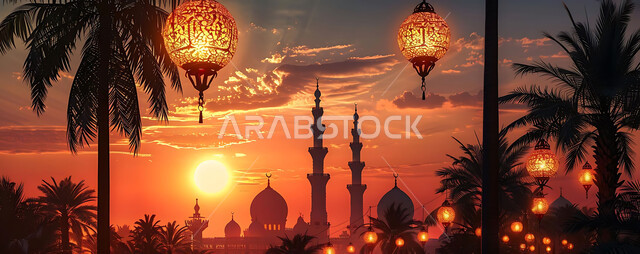 الاستعداد لاستقبال شهر رمضان المبارك, زينة و إضاءة الاعياد والمناسبات الدينية, أجواء روحانية رمضانية هادئة, صورة ظلية لفوانيس معدنية مزخرفة مضيئة معلقة أثناء غروب الشمس في المملكة العربية السعودية، خلفية المساجد الاسلامية, سيلوليت