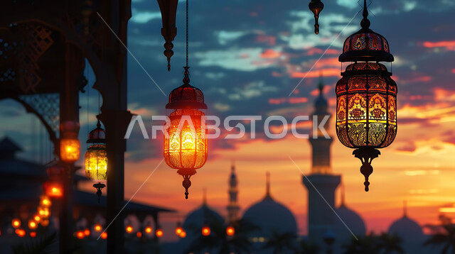 الاستعداد لاستقبال شهر رمضان المبارك, زينة و إضاءة الاعياد والمناسبات الدينية, أجواء روحانية رمضانية هادئة, صورة ظلية لفوانيس معدنية مزخرفة مضيئة معلقة أثناء غروب الشمس في المملكة العربية السعودية، خلفية المساجد الاسلامية, سيلوليت
