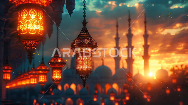 الاستعداد لاستقبال شهر رمضان المبارك, زينة و إضاءة الاعياد والمناسبات الدينية, أجواء روحانية رمضانية هادئة, صورة ظلية لفوانيس معدنية مزخرفة مضيئة معلقة أثناء غروب الشمس في المملكة العربية السعودية، خلفية المساجد الاسلامية, سيلوليت