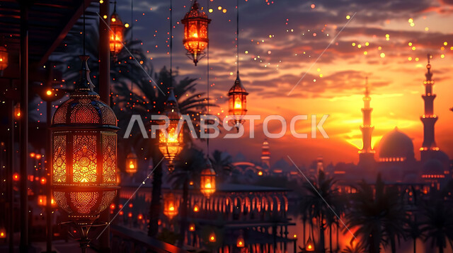 الاستعداد لاستقبال شهر رمضان المبارك, زينة و إضاءة الاعياد والمناسبات الدينية, أجواء روحانية رمضانية هادئة, صورة ظلية لفوانيس معدنية مزخرفة مضيئة معلقة أثناء غروب الشمس في المملكة العربية السعودية، خلفية المساجد الاسلامية, سيلوليت