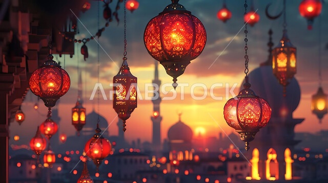 الاستعداد لاستقبال شهر رمضان المبارك, زينة و إضاءة الاعياد والمناسبات الدينية, أجواء روحانية رمضانية هادئة, صورة ظلية لفوانيس معدنية مزخرفة مضيئة معلقة أثناء غروب الشمس في المملكة العربية السعودية، خلفية المساجد الاسلامية, سيلوليت