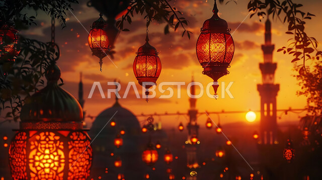 الاستعداد لاستقبال شهر رمضان المبارك, زينة و إضاءة الاعياد والمناسبات الدينية, أجواء روحانية رمضانية هادئة, صورة ظلية لفوانيس معدنية مزخرفة مضيئة معلقة أثناء غروب الشمس في المملكة العربية السعودية، خلفية المساجد الاسلامية, سيلوليت