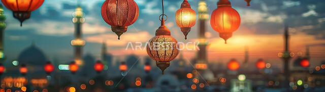 Preparing to welcome the holy month of Ramadan, decorations and lighting for holidays and religious occasions, a peaceful Ramadan spiritual atmosphere, silhouettes of illuminated decorative metal lanterns hanging during sunset in the Kingdom of Saudi Arabia, background of Islamic mosques, cellulite