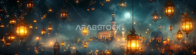الاستعداد لاستقبال شهر رمضان المبارك, زينة و إضاءة الاعياد والمناسبات الدينية, أجواء روحانية رمضانية هادئة, صورة ظلية لفوانيس معدنية مزخرفة مضيئة معلقة أثناء غروب الشمس في المملكة العربية السعودية، خلفية المساجد الاسلامية, سيلوليت