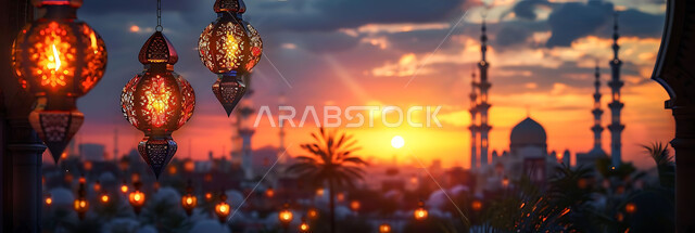 الاستعداد لاستقبال شهر رمضان المبارك, زينة و إضاءة الاعياد والمناسبات الدينية, أجواء روحانية رمضانية هادئة, صورة ظلية لفوانيس معدنية مزخرفة مضيئة معلقة أثناء غروب الشمس في المملكة العربية السعودية، خلفية المساجد الاسلامية, سيلوليت
