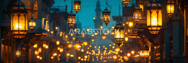 الاستعداد لاستقبال شهر رمضان المبارك, زينة و إضاءة الاعياد والمناسبات الدينية, أجواء روحانية رمضانية هادئة, صورة ظلية لفوانيس معدنية مزخرفة مضيئة معلقة أثناء غروب الشمس في المملكة العربية السعودية، خلفية المساجد الاسلامية, سيلوليت