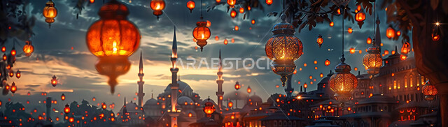 الاستعداد لاستقبال شهر رمضان المبارك, زينة و إضاءة الاعياد والمناسبات الدينية, أجواء روحانية رمضانية هادئة, صورة ظلية لفوانيس معدنية مزخرفة مضيئة معلقة أثناء غروب الشمس في المملكة العربية السعودية، خلفية المساجد الاسلامية, سيلوليت